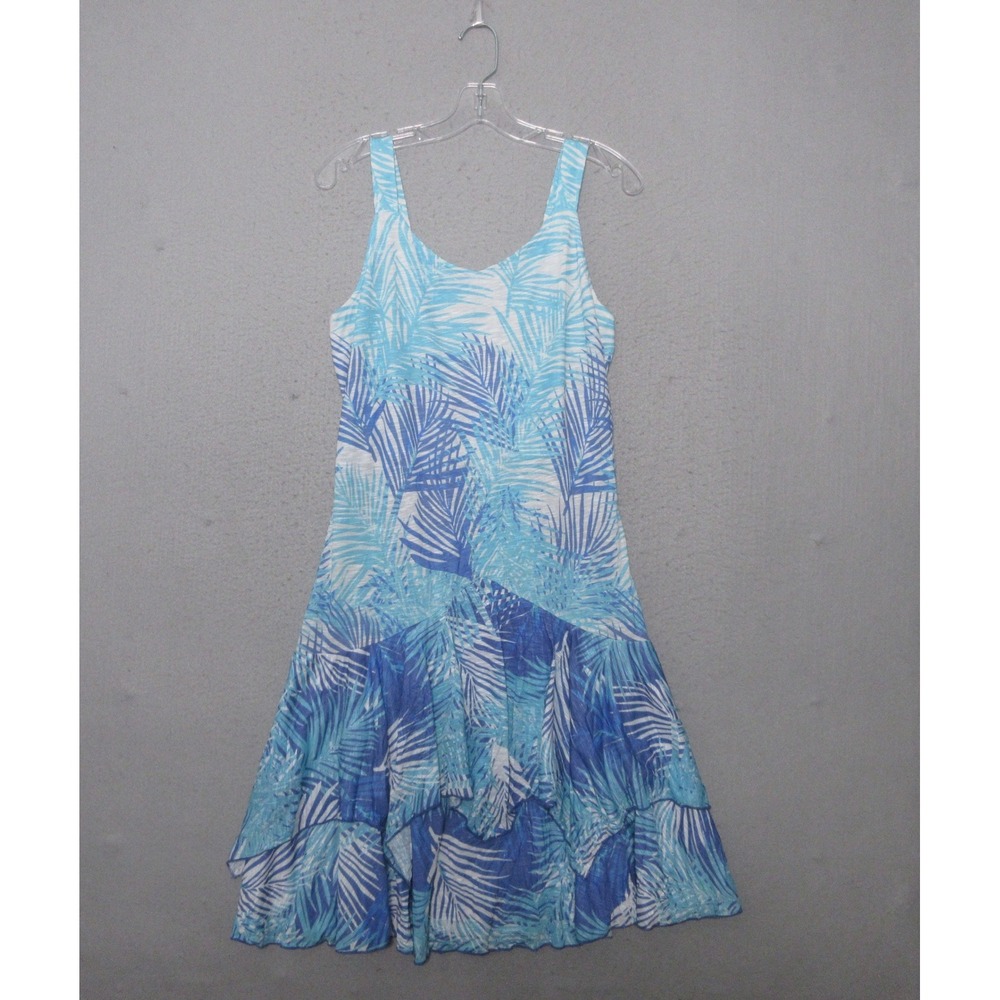 Tango Mango Small Blue Palm Print Tiered‎ Hem Sleeveless Tropical Beachy Boho